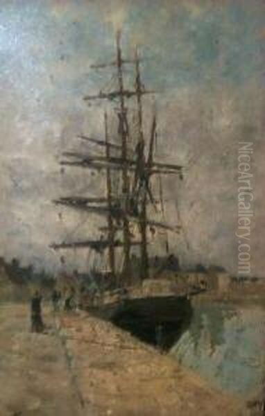 Segler Am Hafenkai In Der Bretagne. Unten Links Signiert Auguste Flameng Oil Painting by Marie-Auguste Flameng