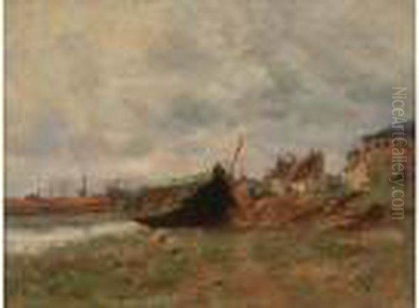  Barque Echouee, Port De Dieppe, Circa 1874  Oil Painting by Marie-Auguste Flameng