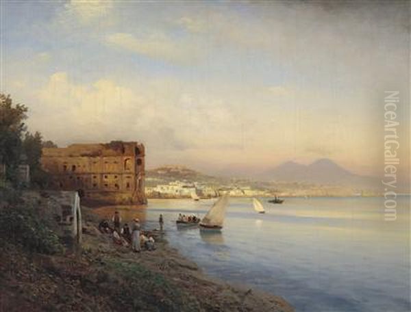 View Of The Bay Of Naples With The Palace Of Queen Johanna Oil Painting by Albert Flamm