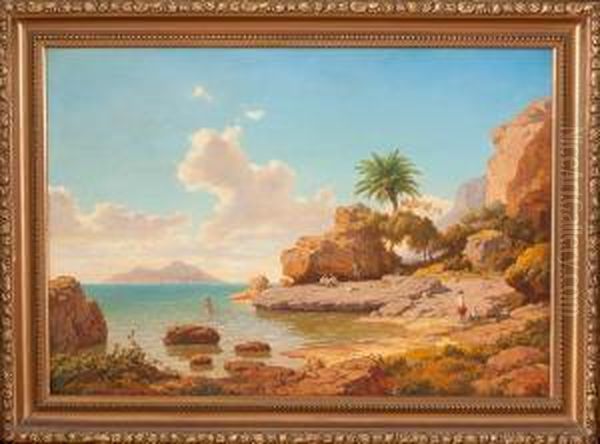 Veduta Di Palazzo A Mare A Capri Con Bagnanti Oil Painting by Albert Flamm