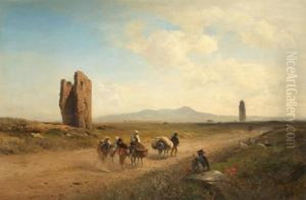 Romische Campagnalandschaft Mit Ruinen Und Bauern Oil Painting by Albert Flamm