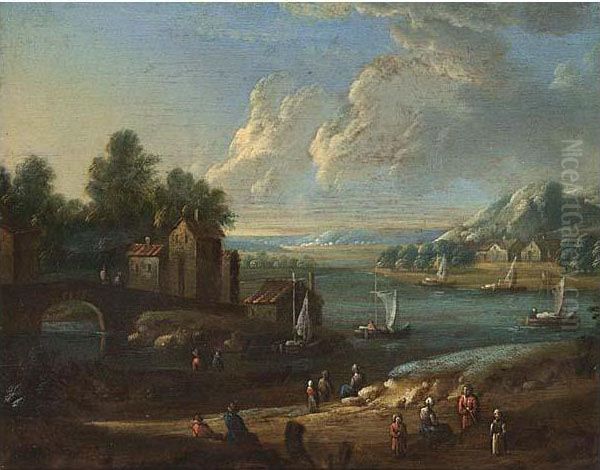 An Extensive River Landscape With Figures Resting On A Path Oil Painting by F. Flanders