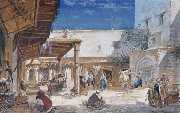 An Arab Market Oil Painting by Eugene Napoleon Flandin