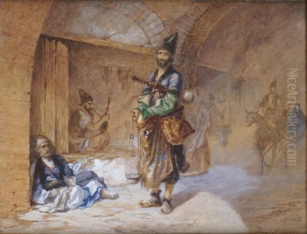 Marchand Et Musicien Dans Un Souk D'orient Oil Painting by Eugene Napoleon Flandin