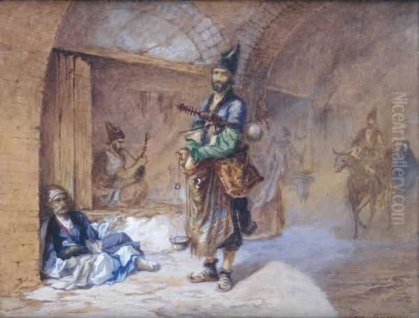 Marchands Et Musiciens Dans La Vieille Ville Arabe Oil Painting by Eugene Napoleon Flandin