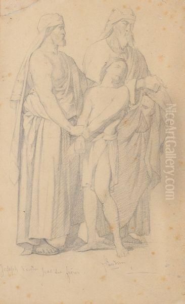 Etude De Trois Personnages Pour L'eglise Saint Vincent De Paul, A Paris. Oil Painting by Hippolyte Flandrin