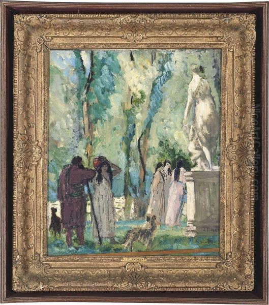 Promenading Figures In A Garden With A Sculpture Of Venus And Cupid Oil Painting by Jules Flandrin