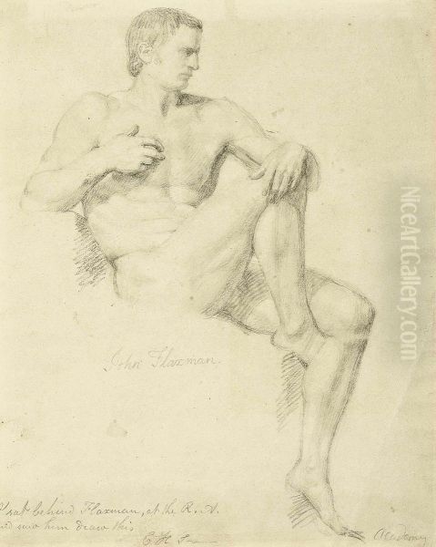 Study Of A Seated Male Nude, Right Leg Raised Oil Painting by John Flaxman