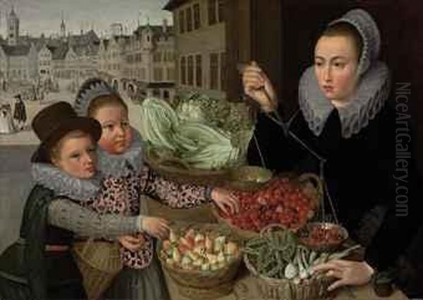 A Market Stand Selling Pears, Cherries, Peas, Leeks And Lettuce,with Two Elegantly-dressed Children, A View Of A Frankfurtbeyond Oil Painting by Georg Flegel