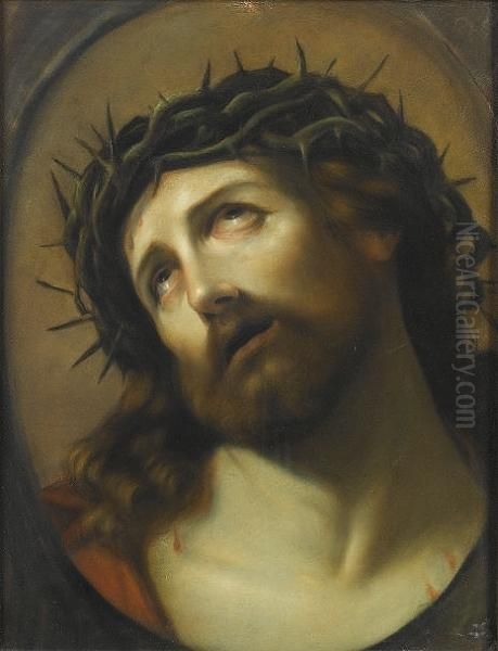 Christ With The Crown Of Thorns, In An Oval Oil Painting by August Fleischmann