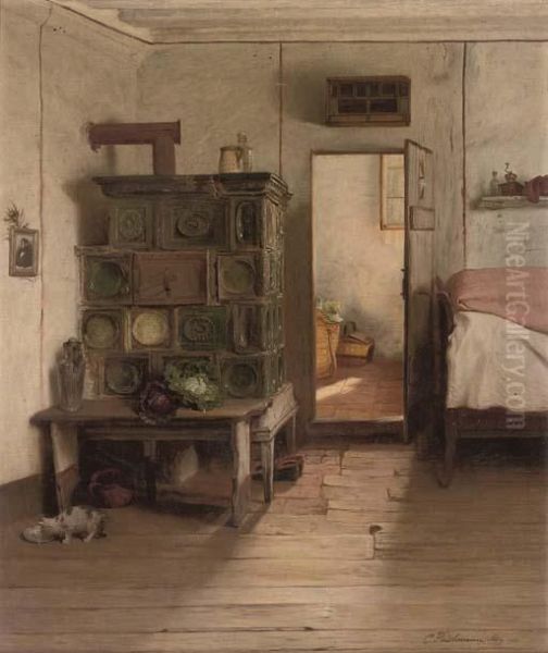 A Cat By An Oven In A Sunlit Interior Oil Painting by Carl Fleischmann