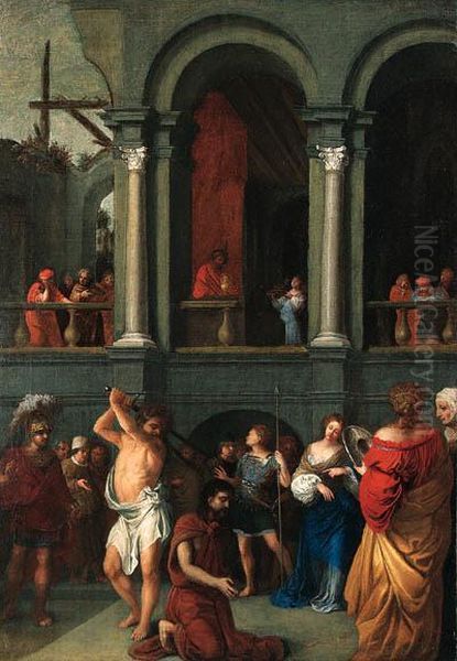 The Beheading Of John The Baptist, With Salome Receiving The Headfrom Herod On A Gallery Beyond Oil Painting by Bertholet Flemalle