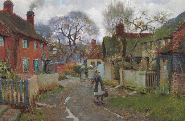 Village Scene Oil Painting by William Teulon Blandford Fletcher