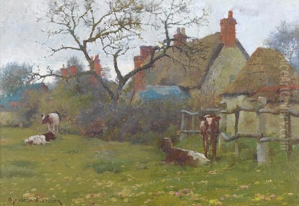 Cattle In A Field Beside A Cottage Oil Painting by William Teulon Blandford Fletcher