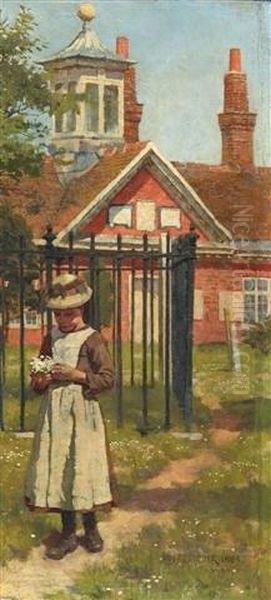 Abingdon School With Girl Holding A Posy Of Flowers Oil Painting by William Teulon Blandford Fletcher