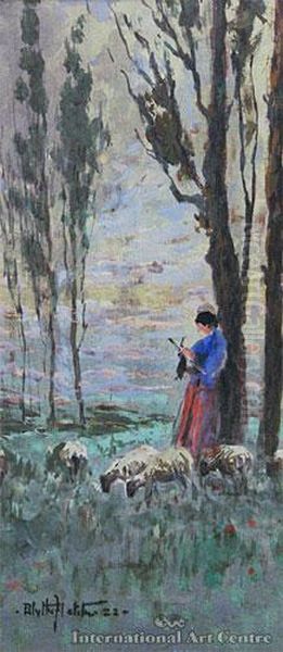 Figure & Sheep In Landscape Oil Painting by Blythe Fletcher