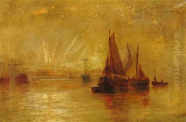 Sailboats At Dusk Oil Painting by Edwin Fletcher