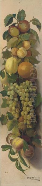 A Swag Of Plums, Peaches, Grapes, Pomegranates And Greengages; Anda Swag Of Peaches, Lemons, Oranges, And Grapes Oil Painting by Hugh Fletcher