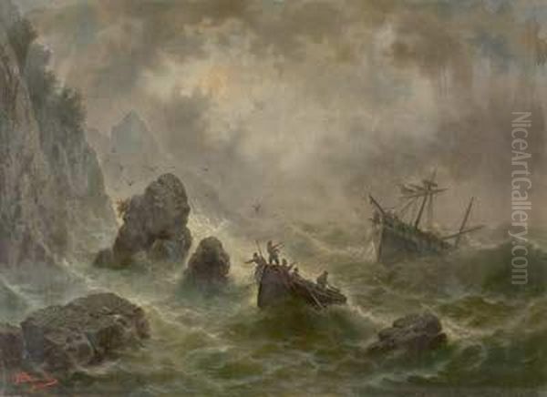 Schiffbruchige Vor Der Kuste Oil Painting by Auguste Antoine Fleury