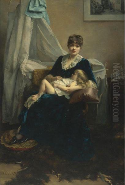 A Mother And Her Sleeping Child Oil Painting by Fanny-Laurent Fleury