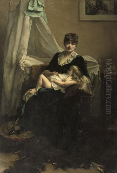 An Elegant Lady In An Interior With Sleeping Child Oil Painting by Fanny-Laurent Fleury