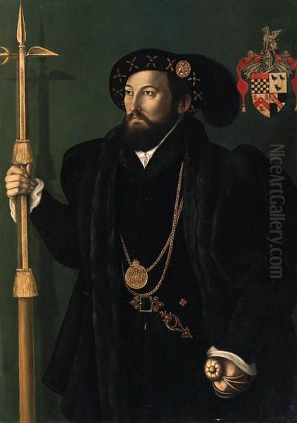 Portrait Of A Member Of The Palmer Family Of Lemington,gloucestershire, Probably William Palmer, A Member Of The Gentlemenpensioners, Three-quarter-length, In A Black Gown And Doublet,wearing A Long Double Gold Chain Around His Neck, With A Hat With Ameda Oil Painting by Gerlach Flicke