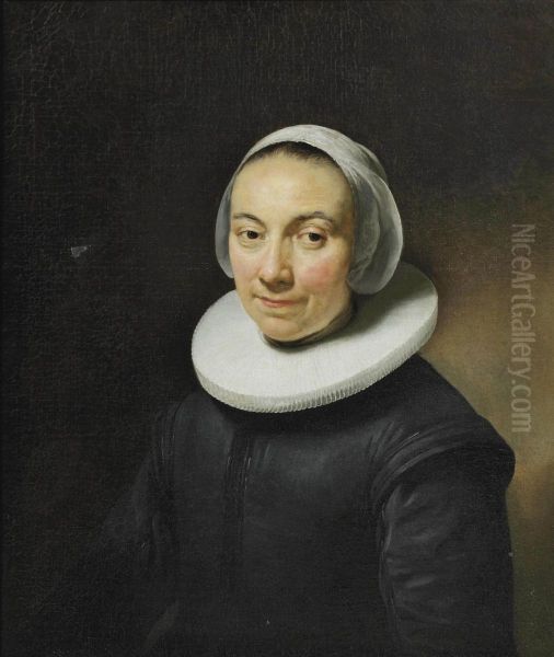 Portrait Of A Lady, Bust-length, In A Black Dress With A White Collar And Headdress Oil Painting by Govert Teunisz. Flinck