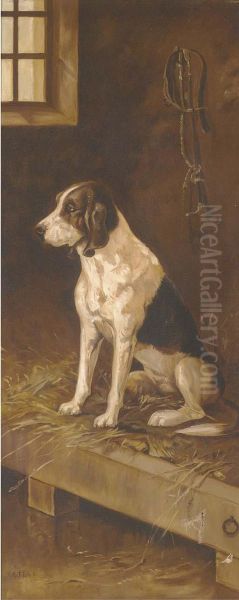 A Foxhound In A Kennel Oil Painting by M. Flint