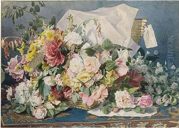 Flowers, Signed, Watercolour, 54 X 74.5 Cm.; 21 1/4 X 29 1/4 In Oil Painting by Joseph Prosper Florence