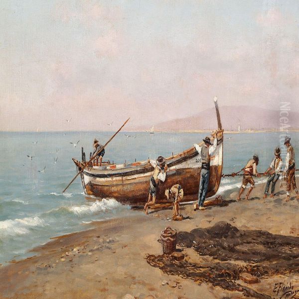 View Of Thecoast Of Malaga With Fishermen At Their Boats Oil Painting by Enrique Florido Bernils