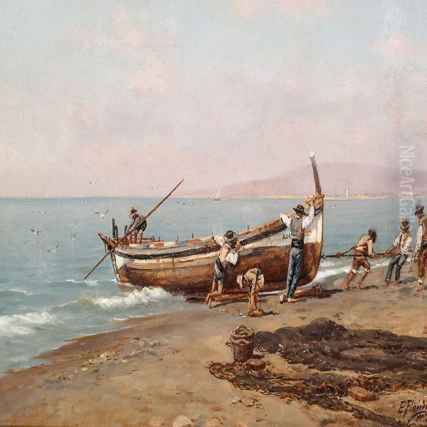 View Of The Coast Of Malaga With Fishermen At Their Boats Oil Painting by Enrique Florido Bernils