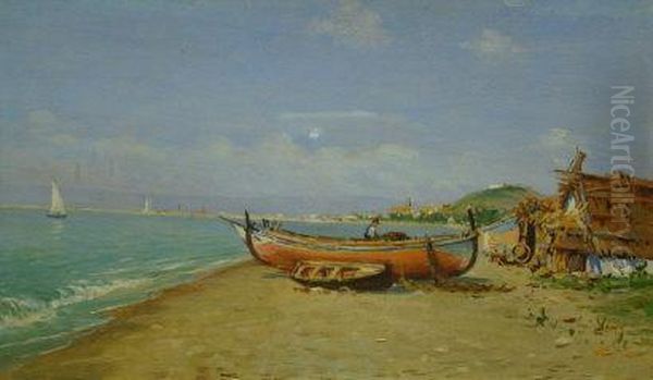 Pescadores Con Los Barcos Oil Painting by Enrique Florido Bernils