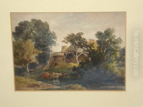 Cattle Watering At A Riverside, By A Ruined Building Oil Painting by John Flower