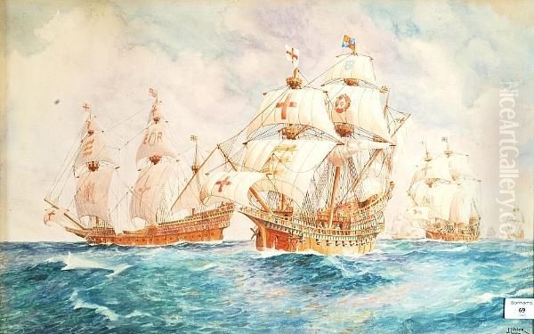 The Golden Hind In Battle Formation Oil Painting by John Flower