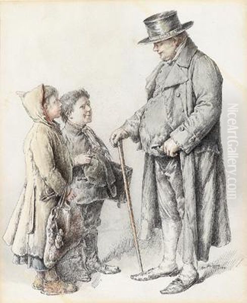 Ein Alter Mann Und Zwei Strasenkinder Oil Painting by Josef Fluggen