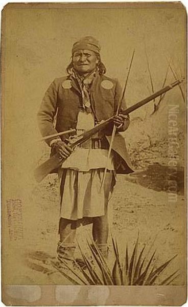 Promenade Card Portrait Of Geronimo, The Notorious Apache Chief, Posing With A Rifle Oil Painting by Camillus Sydney Fly