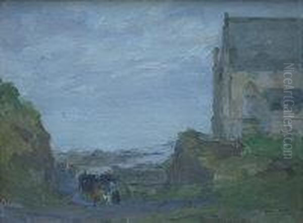 Figures On A Path Beside An Abbey In A Coastal Landscape Oil Painting by David Foggie