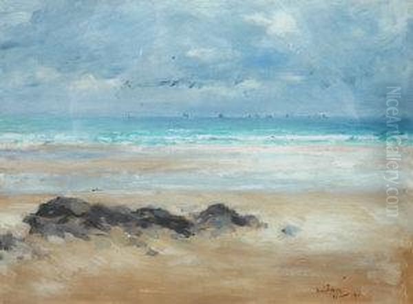 Beach Scene With Yachts On The Horizon Oil Painting by David Foggie