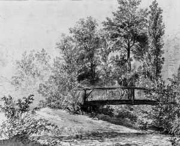 Landschaft Mit Zwei Personen Auf Einem Steg. Verso: Uber Einen Bach Fuhrende Steinbrucke. Oil Painting by Carl Philipp Fohr