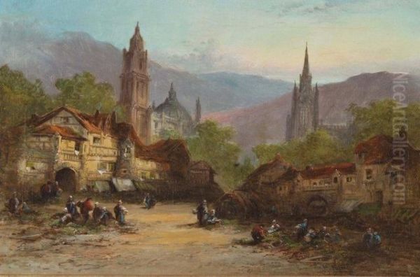 Continental Townscape With Mountains In The Background Oil Painting by Henry John Foley