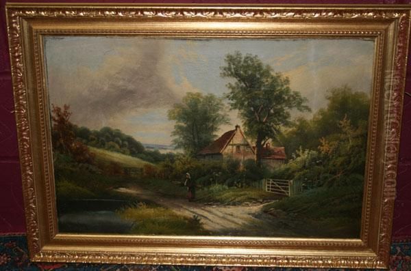 Peasant Gathering Faggots Beside A Cottage Oil Painting by Henry John Foley