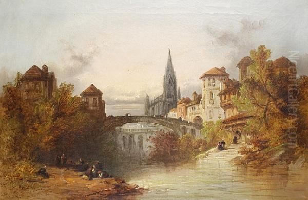 A Riverside Town Oil Painting by Henry John Foley