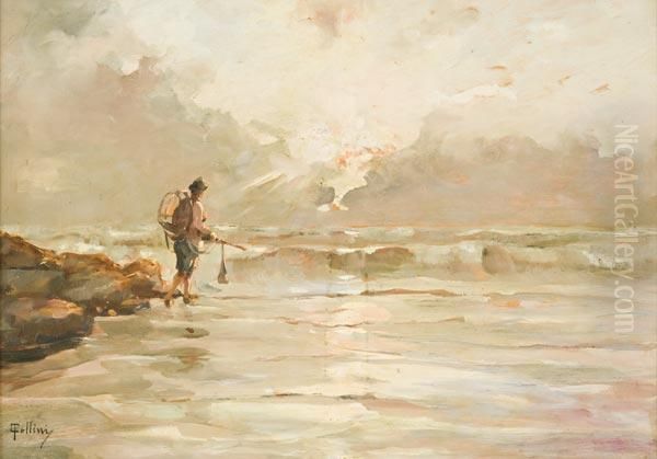 Figura Lungo Una Spiaggia Al Tramonto Oil Painting by Carlo Follini