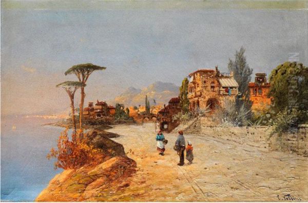 Italienische Kustenlandschaft Mitfigurenstaffage Oil Painting by Carlo Follini