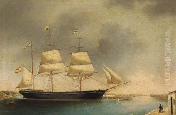 The Spanish Three-masted Barque Juanita Clar Running Into Portmahon, Minorca Oil Painting by Juan Font Y Vidal