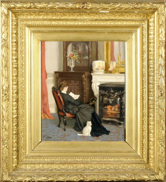 Femme Au Chat, Lisant Dans Un Interieur Oil Painting by Victor Fontaine