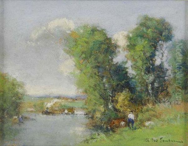 Bord De Riviere Au Remorqueur Oil Painting by Des Andre Fontaines