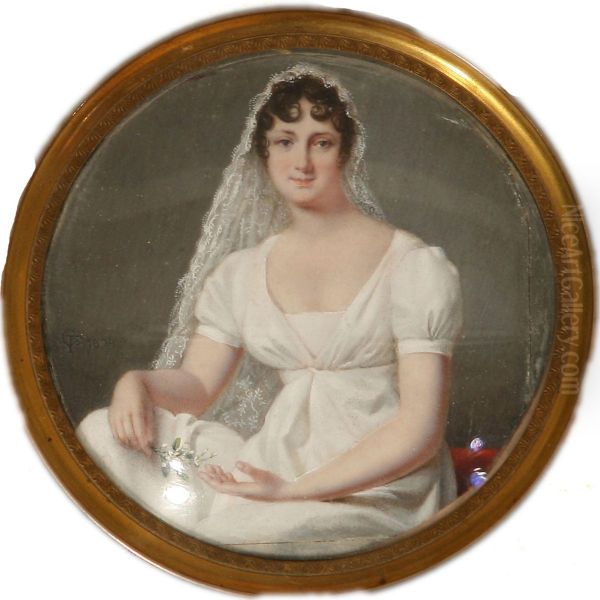 Miniature Portrait Of A Bride In White Gown And Veil With A Blooming Myrtle In Her Right Hand Oil Painting by Jean Francois Gerard Fontallard