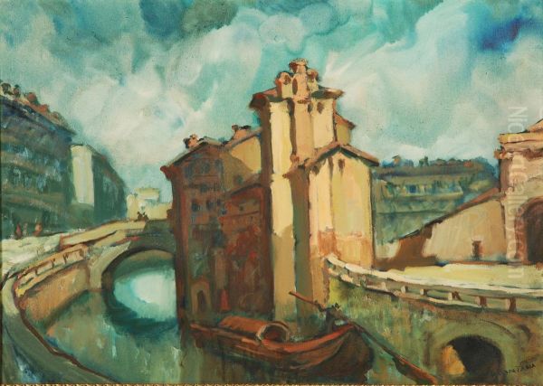 Vecchia Milano-ponte Sul Naviglio Via Olocati Ora Corso Genova Oil Painting by Daniele Fontana