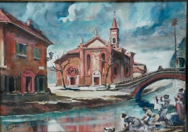 Lavandaie A San Cristoforo Sul Naviglio Oil Painting by Daniele Fontana